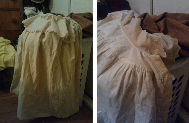 Victorian cape draped over a laundry basket so I could assess its shape and drape.